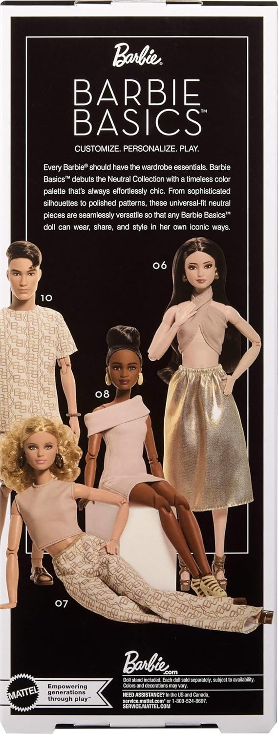 imageBarbie Basics Model Collector Fashion Doll 08 with Brunette Hair in Tan Dress amp Strappy Heels Universalfit Fashions amp Posable BodyGold Skirt