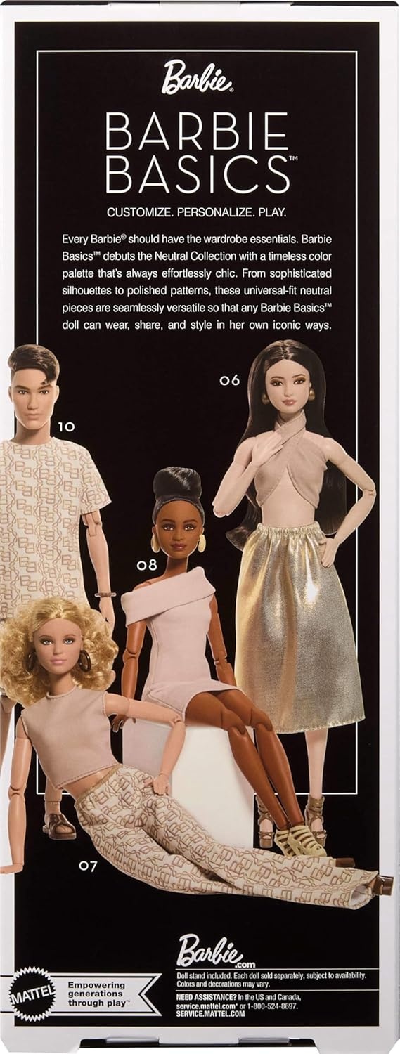 imageBarbie Basics Model Collector Fashion Doll 08 with Brunette Hair in Tan Dress amp Strappy Heels Universalfit Fashions amp Posable BodyPrinted Pants