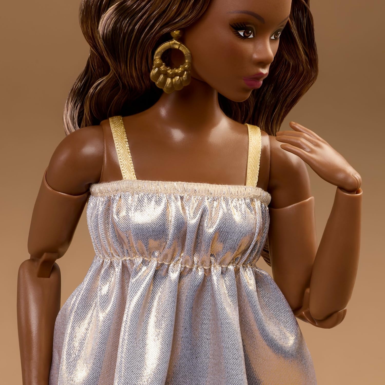 imageBarbie Basics Model Collector Fashion Doll 09 with Brunette Hair in Golden Dress amp Strappy Heels Universalfit Fashions amp Posable Body