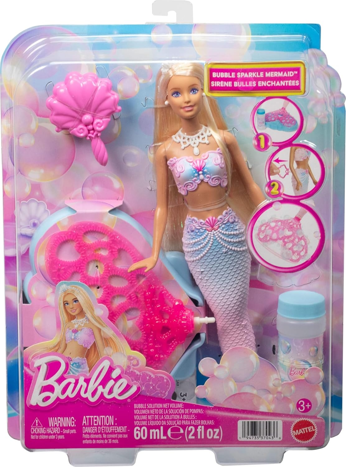 imageBarbie Bubble Sparkle Mermaid Doll with BubbleMaking Feature amp Solution Tray amp Hairbrush Plus Long ColorStreaked Blonde Hair