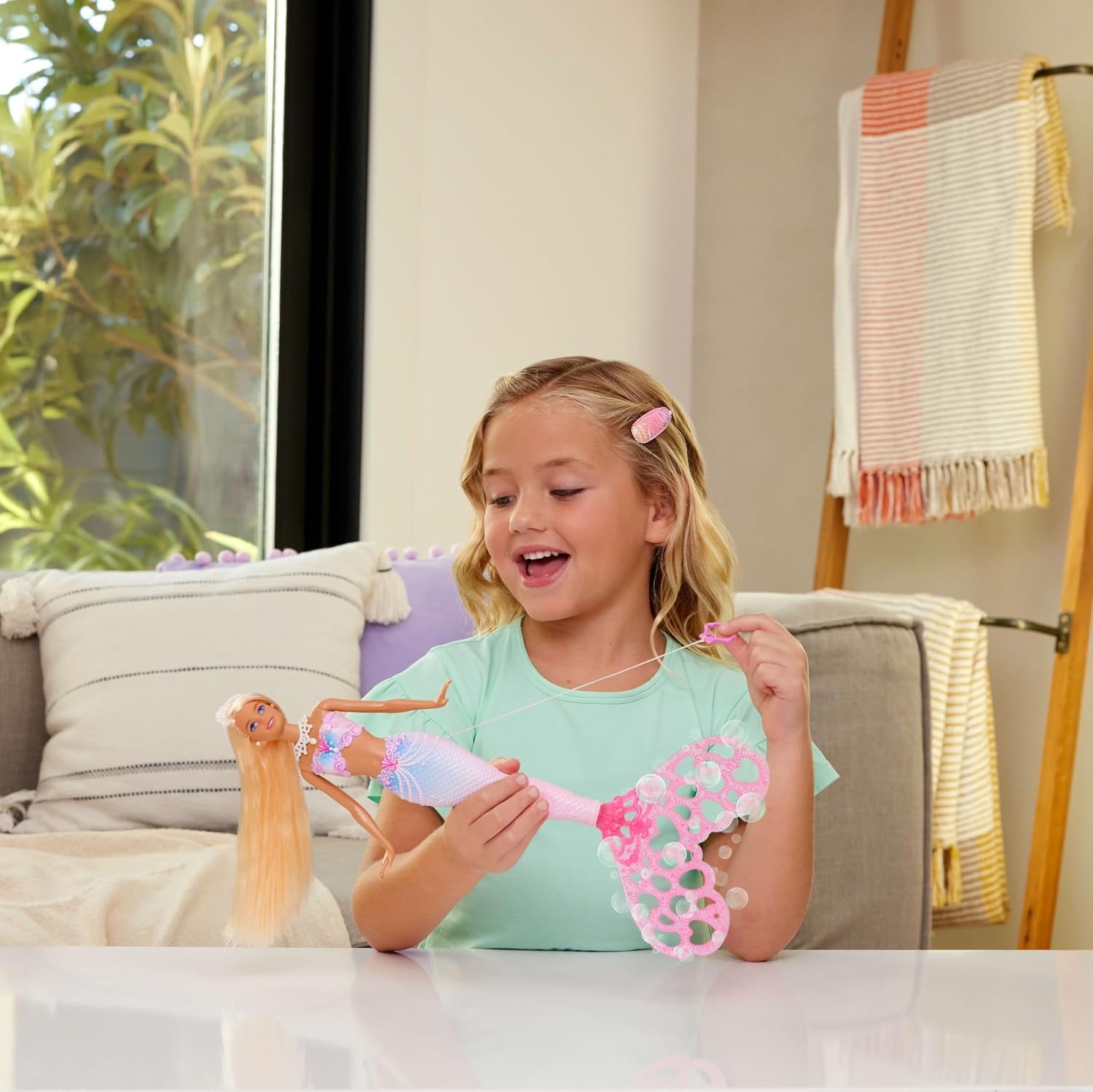 imageBarbie Bubble Sparkle Mermaid Doll with BubbleMaking Feature amp Solution Tray amp Hairbrush Plus Long ColorStreaked Blonde Hair