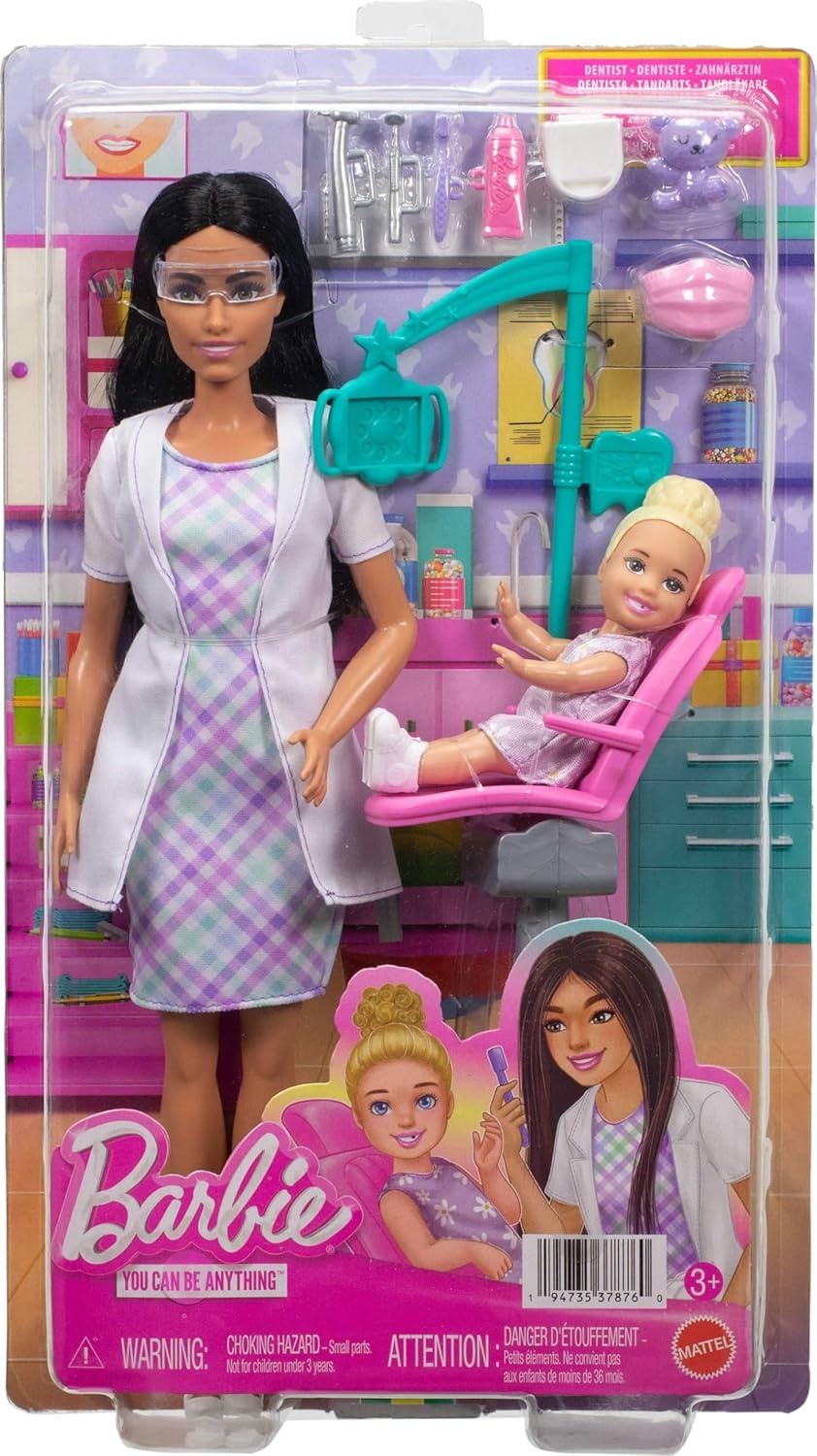 imageBarbie Careers Dentist Playset with Brunette Doll Wearing White Coat Toddler Small Doll Examination Chair amp Accessories