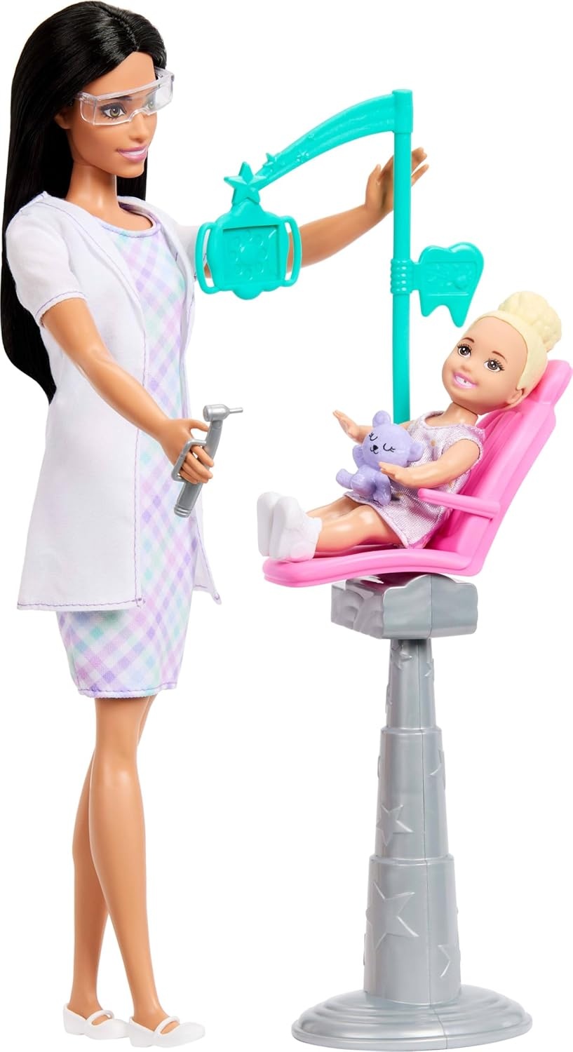 imageBarbie Careers Dentist Playset with Brunette Doll Wearing White Coat Toddler Small Doll Examination Chair amp Accessories