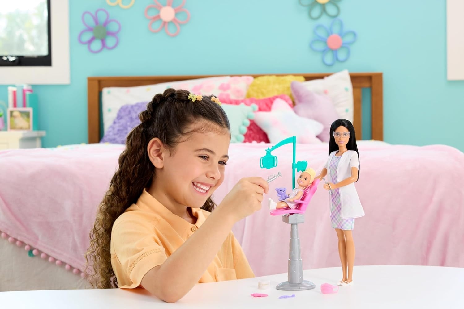 imageBarbie Careers Dentist Playset with Brunette Doll Wearing White Coat Toddler Small Doll Examination Chair amp Accessories