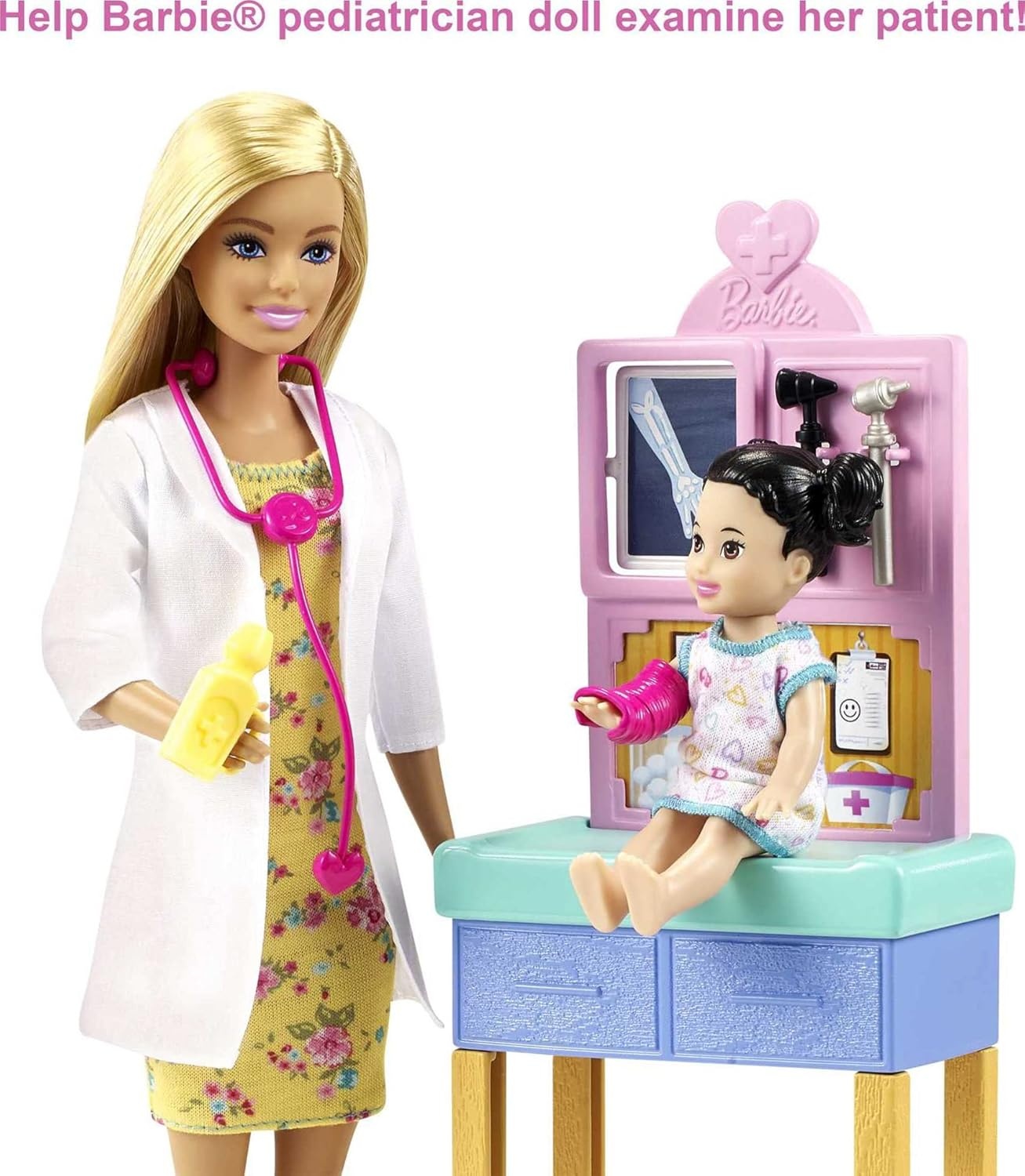imageBarbie Careers Playset Pediatrician Set with Blonde Doctor Doll Brunette Patient Small Doll Exam Table amp AccessoriesBlonde