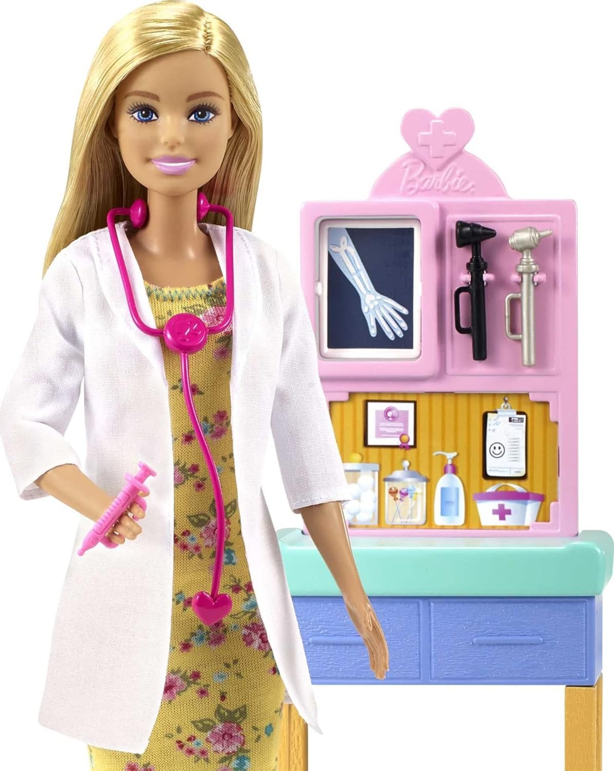 imageBarbie Careers Playset Pediatrician Set with Blonde Doctor Doll Brunette Patient Small Doll Exam Table amp AccessoriesBlonde
