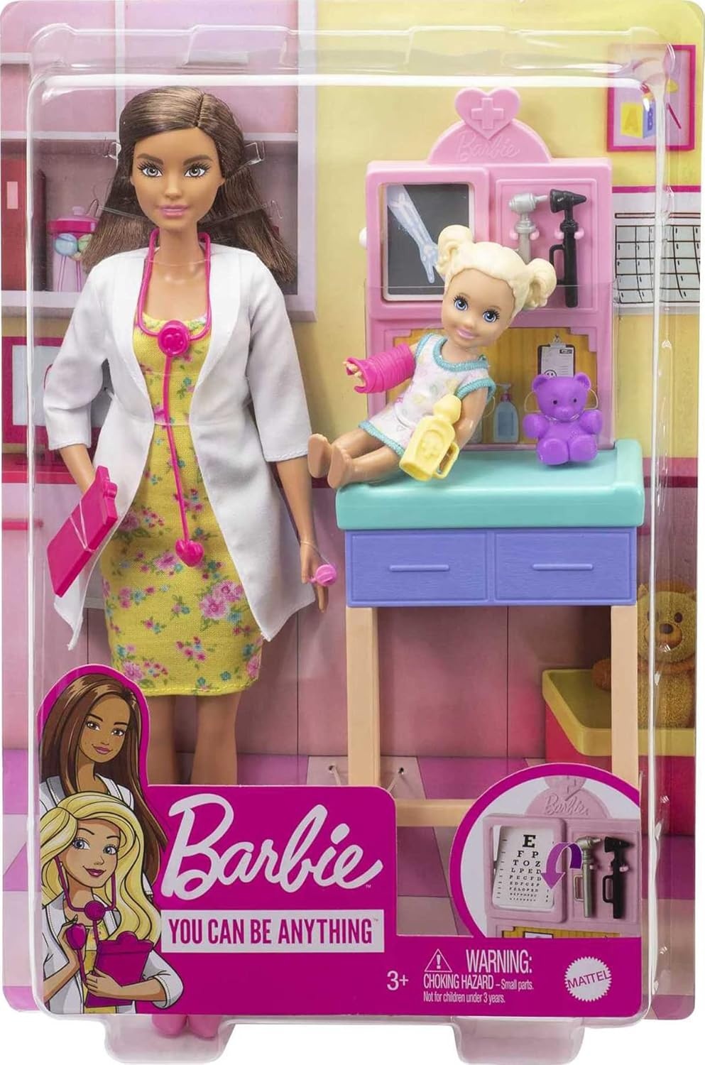 imageBarbie Careers Playset Pediatrician Set with Blonde Doctor Doll Brunette Patient Small Doll Exam Table amp AccessoriesBrunette