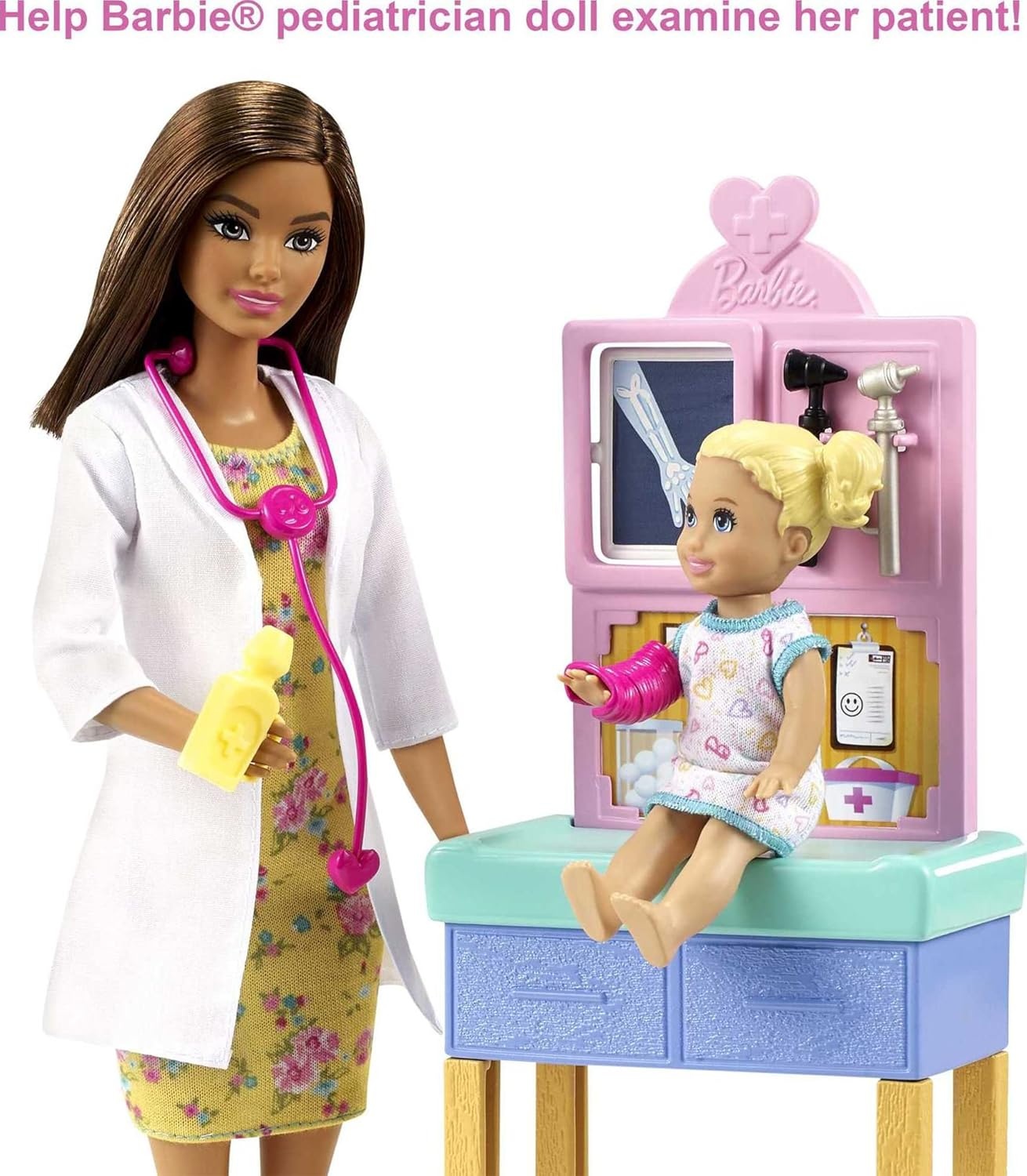 imageBarbie Careers Playset Pediatrician Set with Blonde Doctor Doll Brunette Patient Small Doll Exam Table amp AccessoriesBrunette