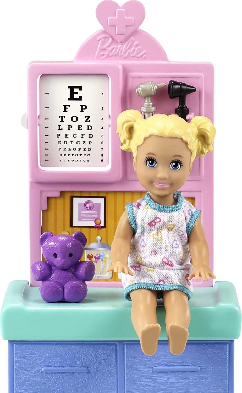 imageBarbie Careers Playset Pediatrician Set with Blonde Doctor Doll Brunette Patient Small Doll Exam Table amp AccessoriesBrunette