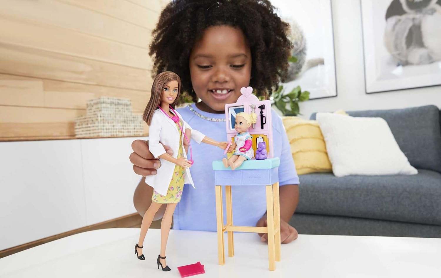 imageBarbie Careers Playset Pediatrician Set with Blonde Doctor Doll Brunette Patient Small Doll Exam Table amp AccessoriesBrunette