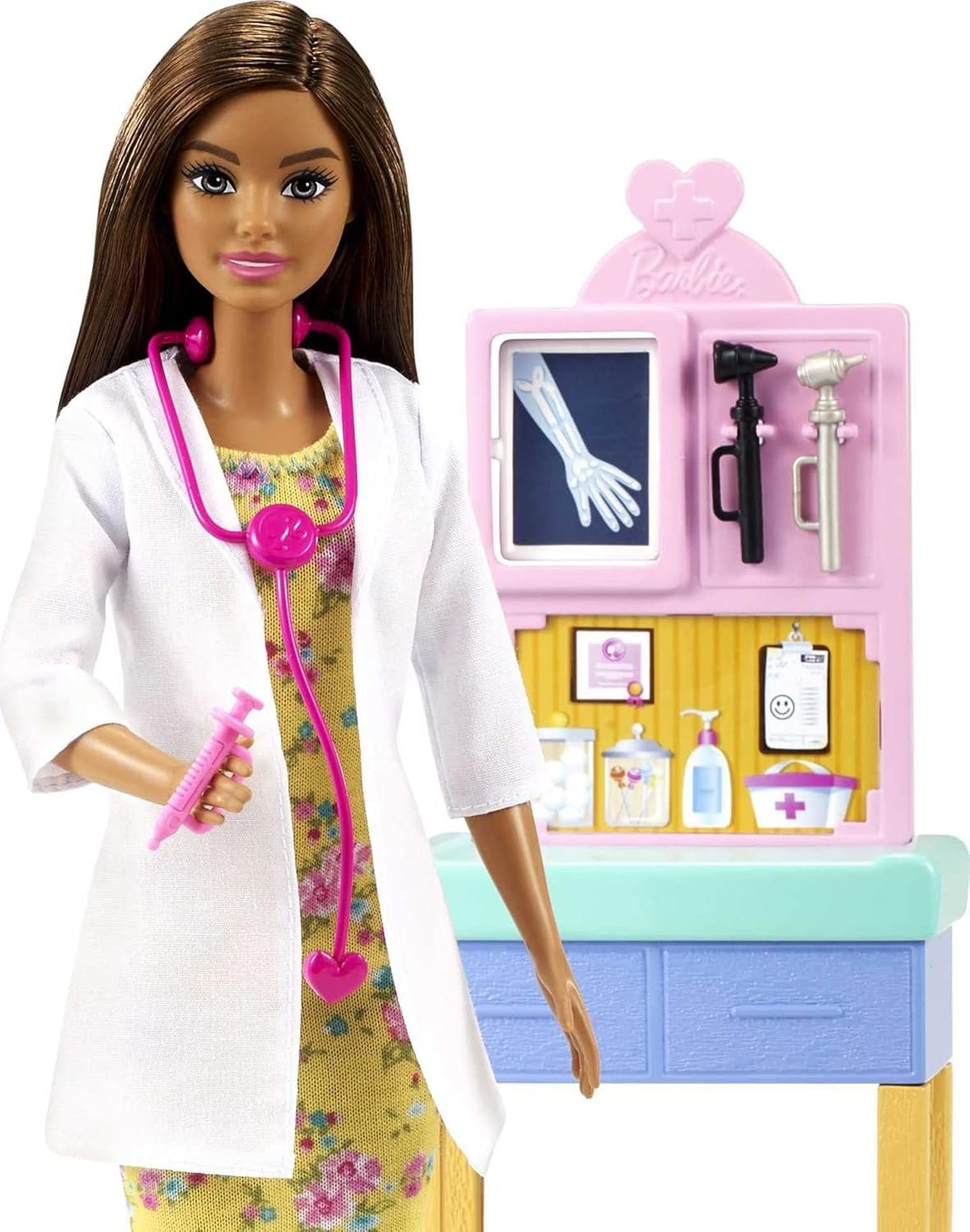 imageBarbie Careers Playset Pediatrician Set with Blonde Doctor Doll Brunette Patient Small Doll Exam Table amp AccessoriesBrunette