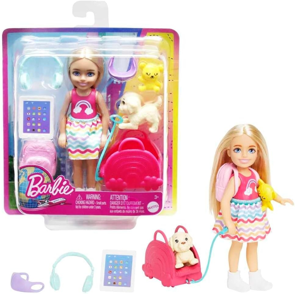 imageBarbie Chelsea Small Doll amp 6 Accessories Travel Set with Puppy Pet Carrier amp Backpack that Opens amp Closes Blonde Hairstandard size