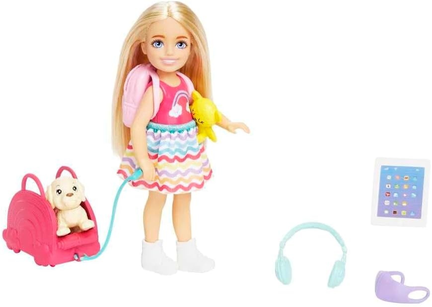 imageBarbie Chelsea Small Doll amp 6 Accessories Travel Set with Puppy Pet Carrier amp Backpack that Opens amp Closes Blonde Hairstandard size