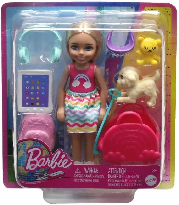 imageBarbie Chelsea Small Doll amp 6 Accessories Travel Set with Puppy Pet Carrier amp Backpack that Opens amp Closes Blonde Hairstandard size