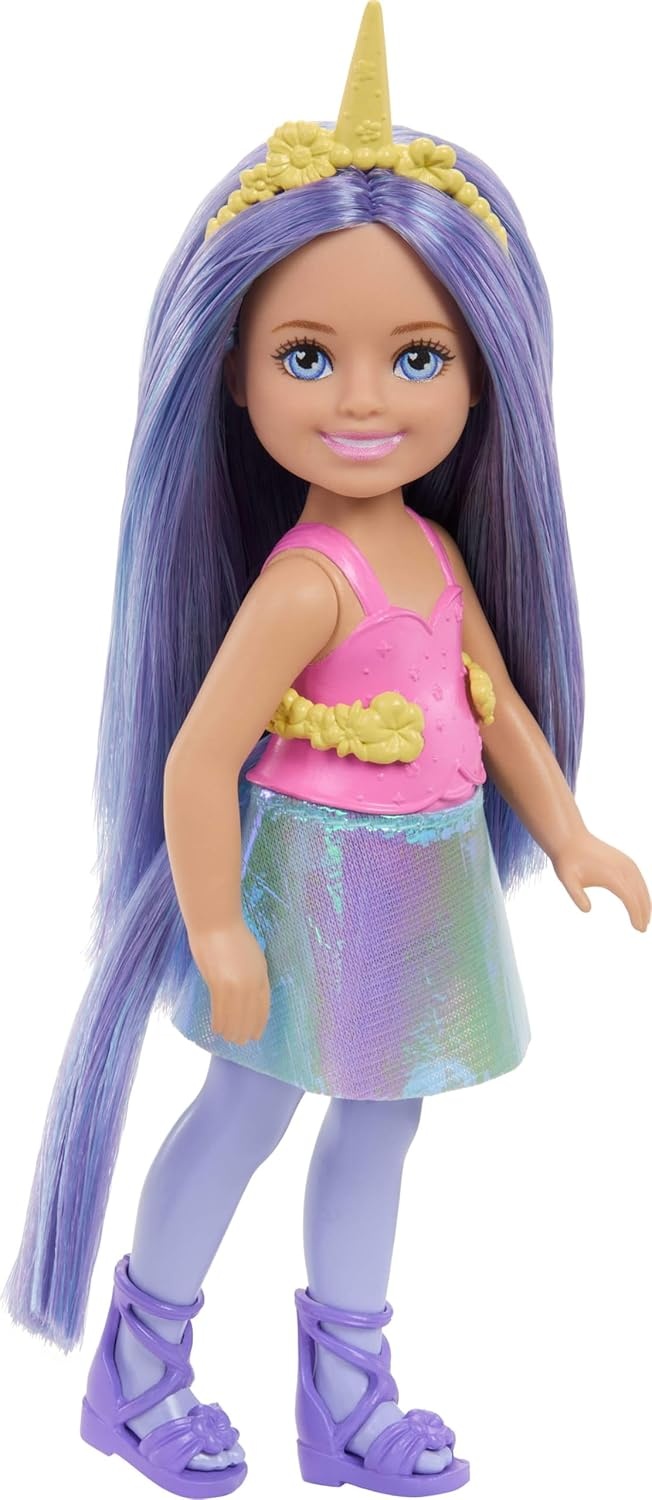 imageBarbie Chelsea Unicorn Small Doll 6Inch with Purple Hair Wearing Removable Tail Shoes amp Hair Accessory 6inch ToyPurple Hair