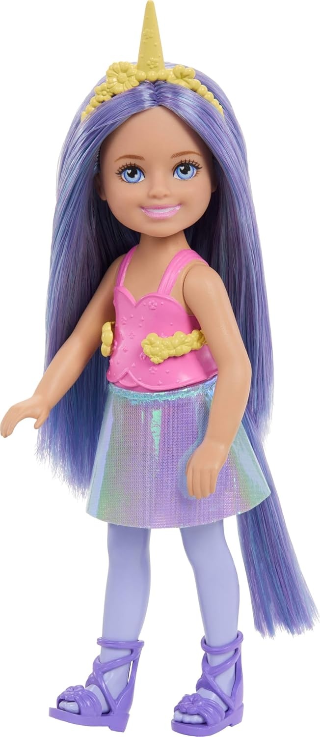 imageBarbie Chelsea Unicorn Small Doll 6Inch with Purple Hair Wearing Removable Tail Shoes amp Hair Accessory 6inch ToyPurple Hair