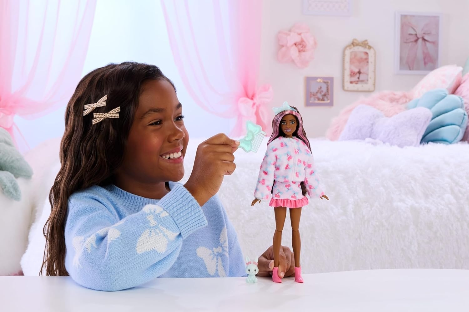 imageBarbie Cutie Reveal Doll amp Accessories Cuddly Series Kitten with 10 Surprises Including Color Change amp Mini PetBunny