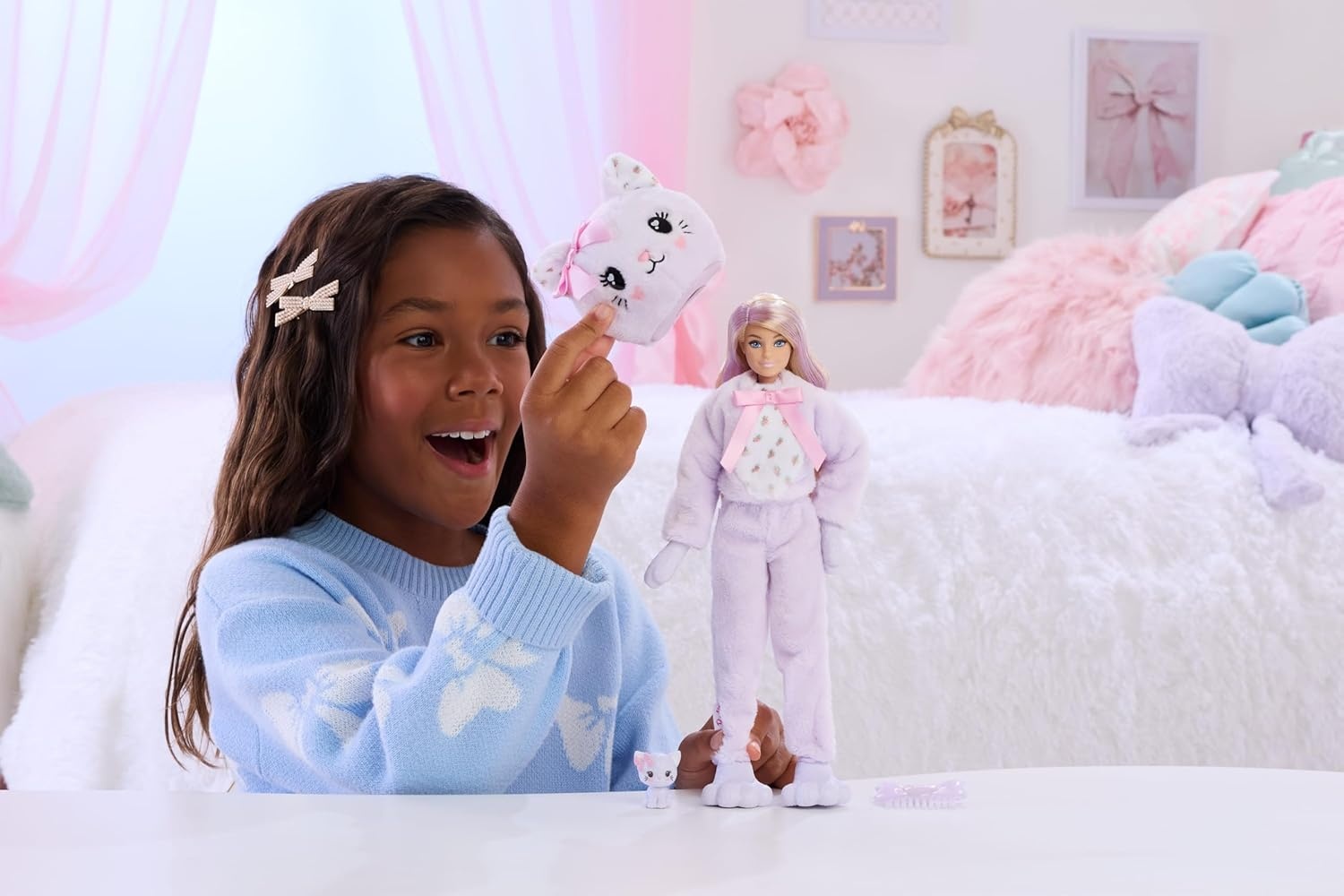 imageBarbie Cutie Reveal Doll amp Accessories Cuddly Series Kitten with 10 Surprises Including Color Change amp Mini PetKitten