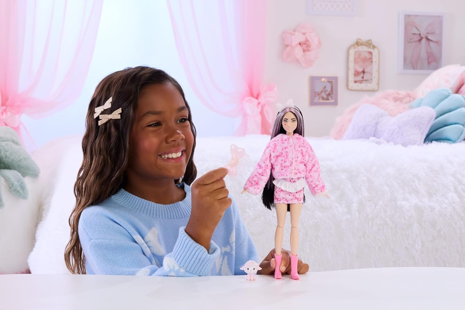 imageBarbie Cutie Reveal Doll amp Accessories Cuddly Series Kitten with 10 Surprises Including Color Change amp Mini PetLamb