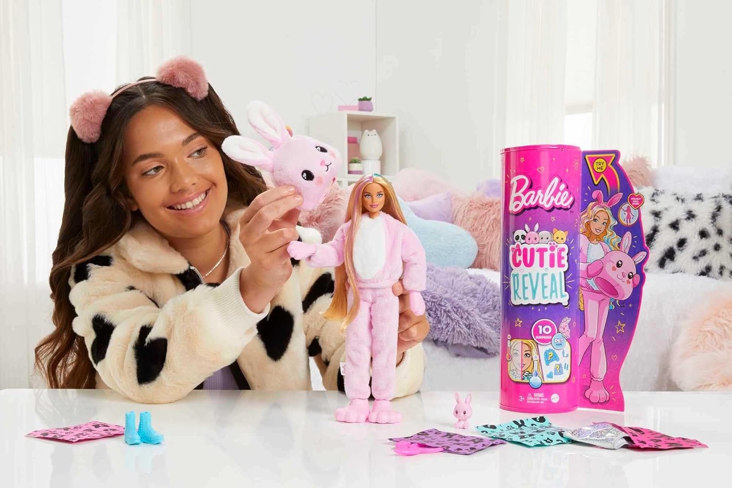imageBarbie Cutie Reveal Fashion Doll with Bunny Plush Costume amp 10 Surprises Including Mini Pet amp Color ChangeBunny