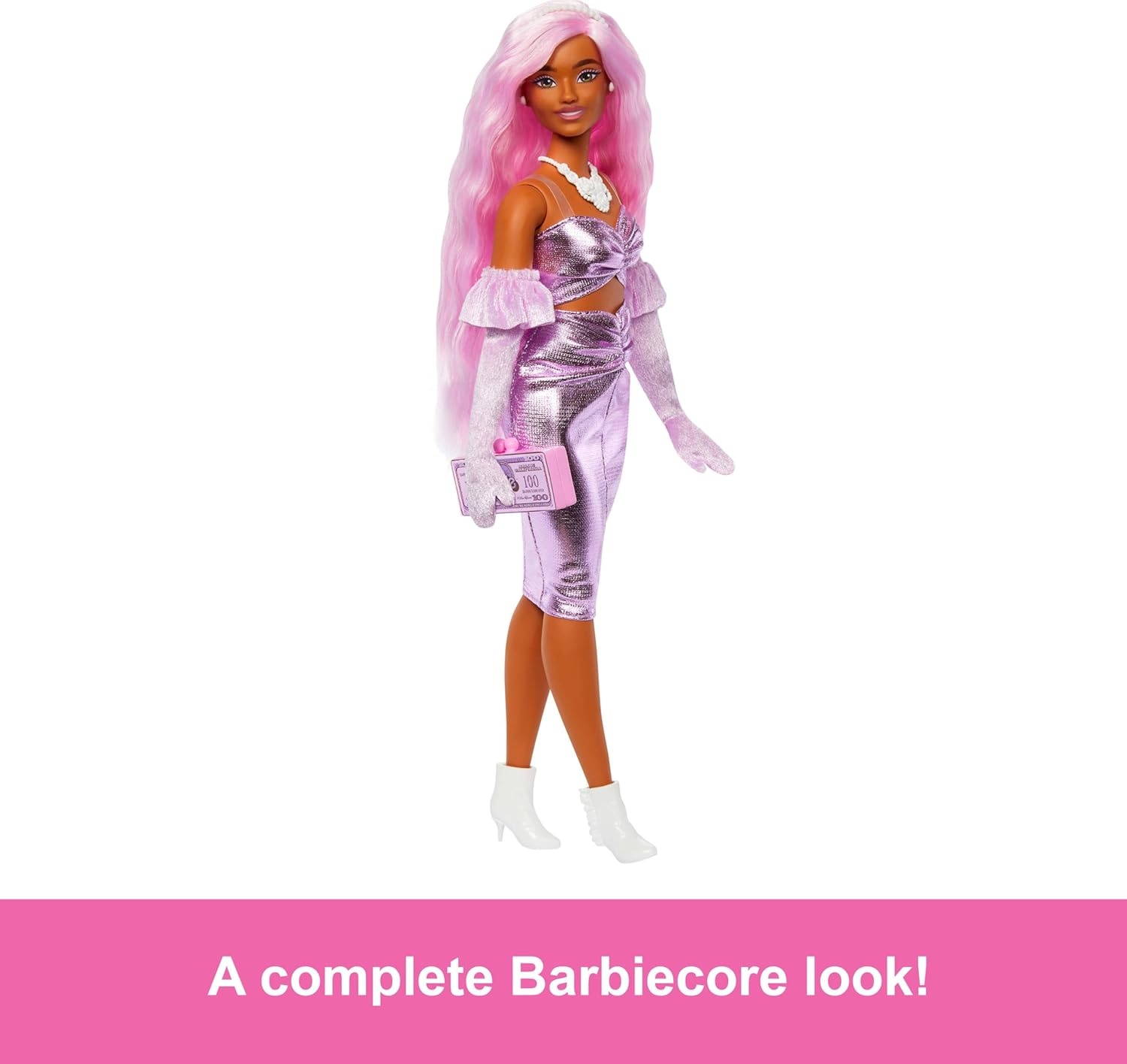imageBarbie Deluxe Style Doll 1 in Barbiecore Outfit Pink Hair and Glossy Pink Dress with Accessories Like Velvet Gloves Money Purse and MoreMulticolor