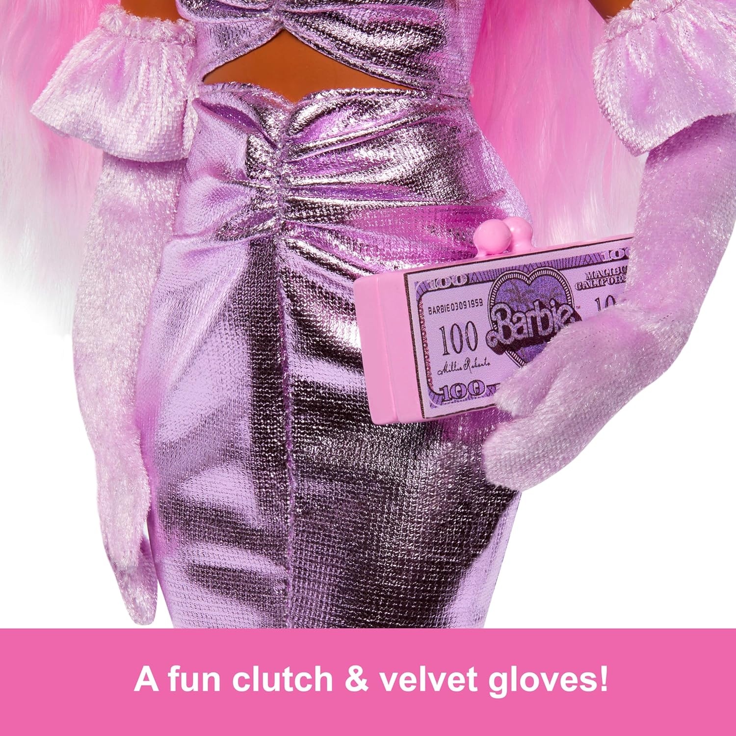 imageBarbie Deluxe Style Doll 1 in Barbiecore Outfit Pink Hair and Glossy Pink Dress with Accessories Like Velvet Gloves Money Purse and MoreMulticolor
