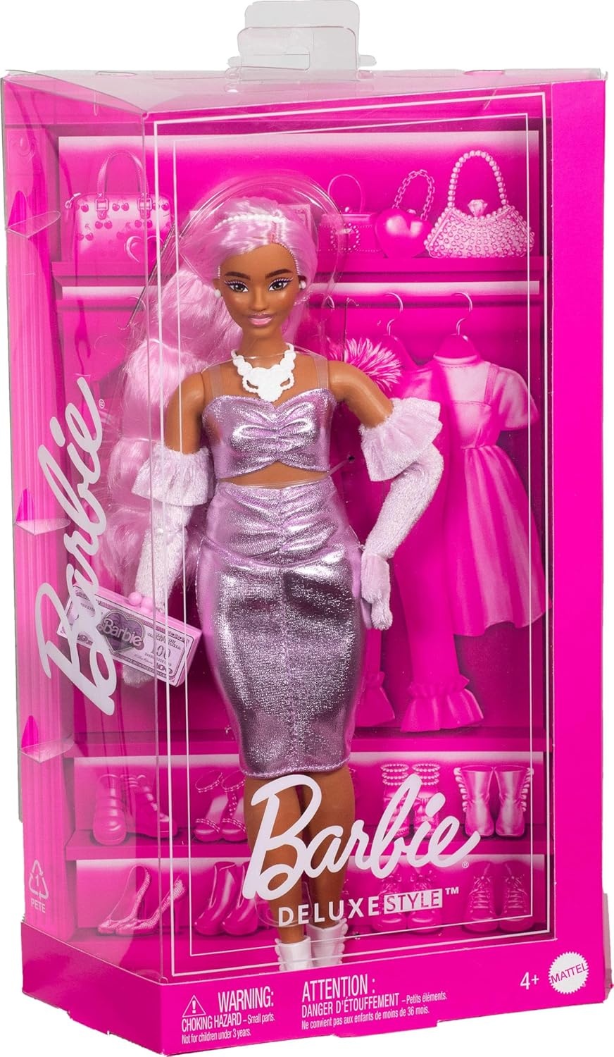 imageBarbie Deluxe Style Doll 1 in Barbiecore Outfit Pink Hair and Glossy Pink Dress with Accessories Like Velvet Gloves Money Purse and MoreMulticolor