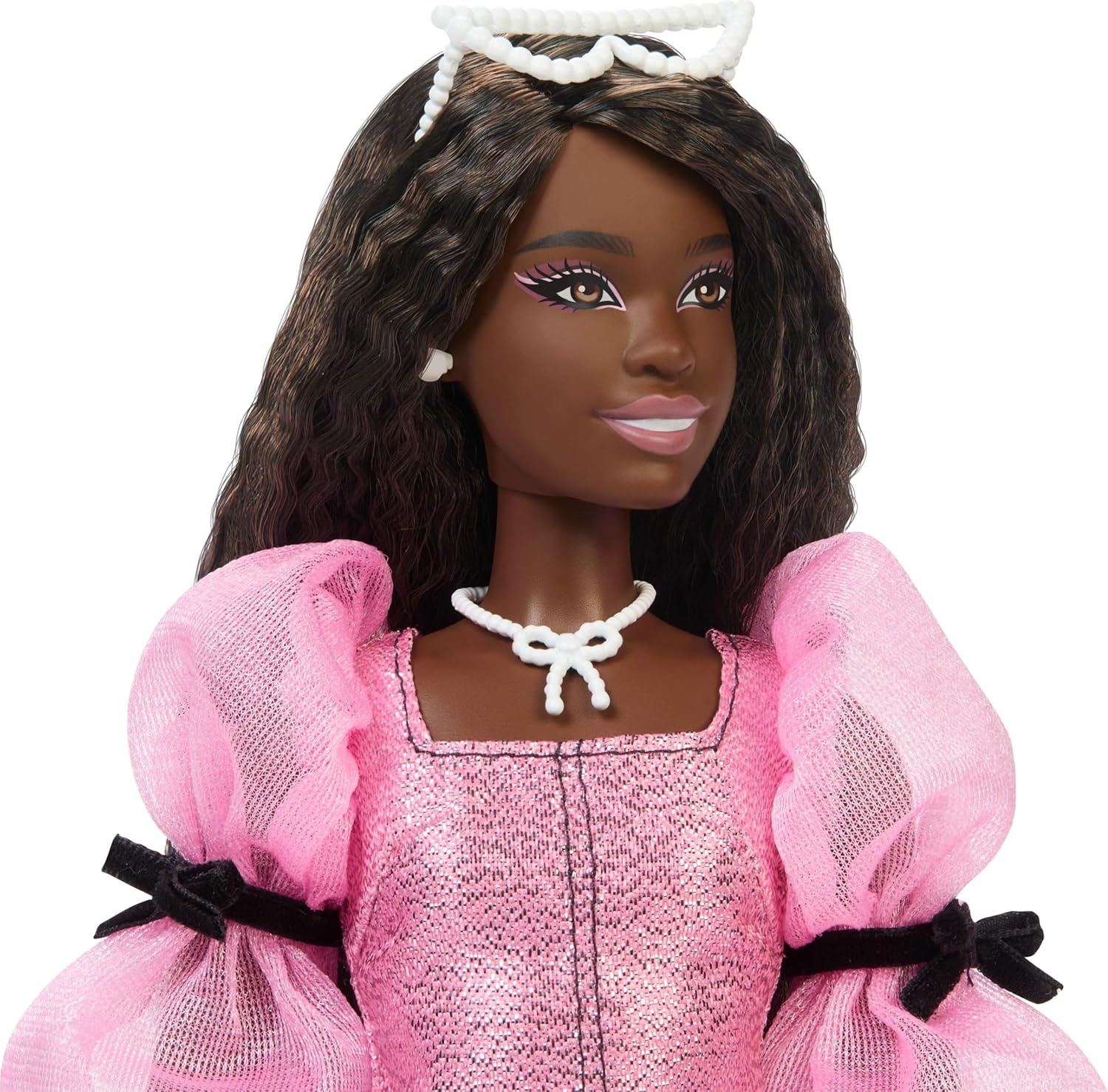 imageBarbie Deluxe Style Doll 14 in Metallic Pink Barbiecore Mini Dress with Long Puffed Sleeves and Black Bows Brown Hair Pearl Accessories PurseDress