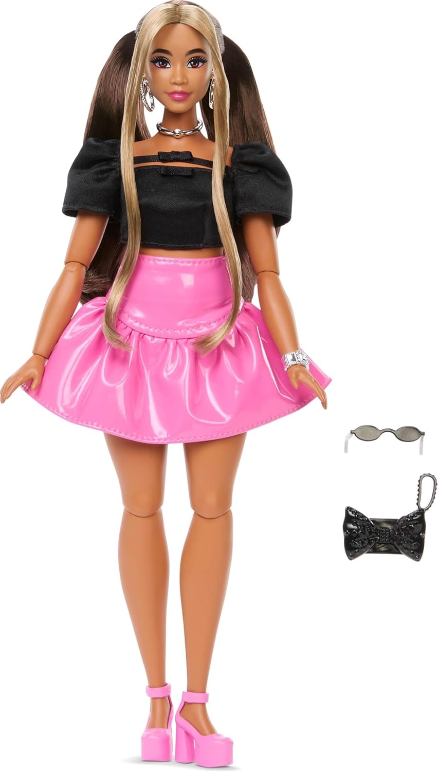 imageBarbie Deluxe Style Doll 14 in Metallic Pink Barbiecore Mini Dress with Long Puffed Sleeves and Black Bows Brown Hair Pearl Accessories PurseSkirt Set