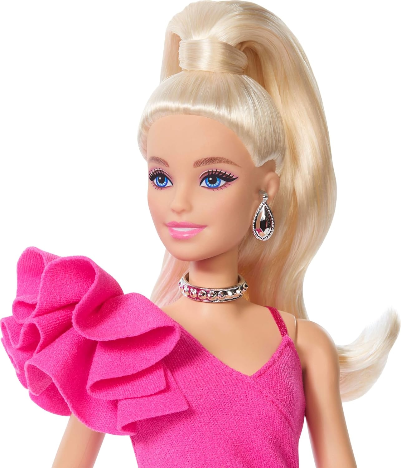 imageBarbie Deluxe Style Doll 14 in Metallic Pink Barbiecore Mini Dress with Long Puffed Sleeves and Black Bows Brown Hair Pearl Accessories PurseTights