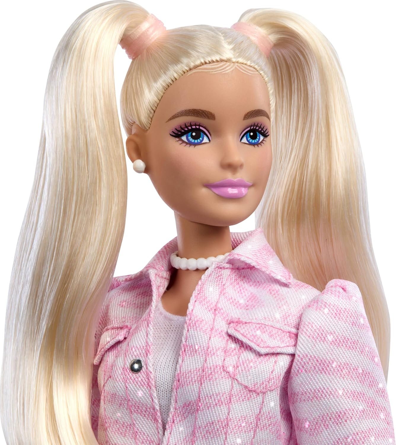 imageBarbie Deluxe Style Doll 9 in Pink Denim Outfit Blonde Hair Matching Jacket and Skirt Set with Accessories Like Bow Clutch and Pearly Jewelry