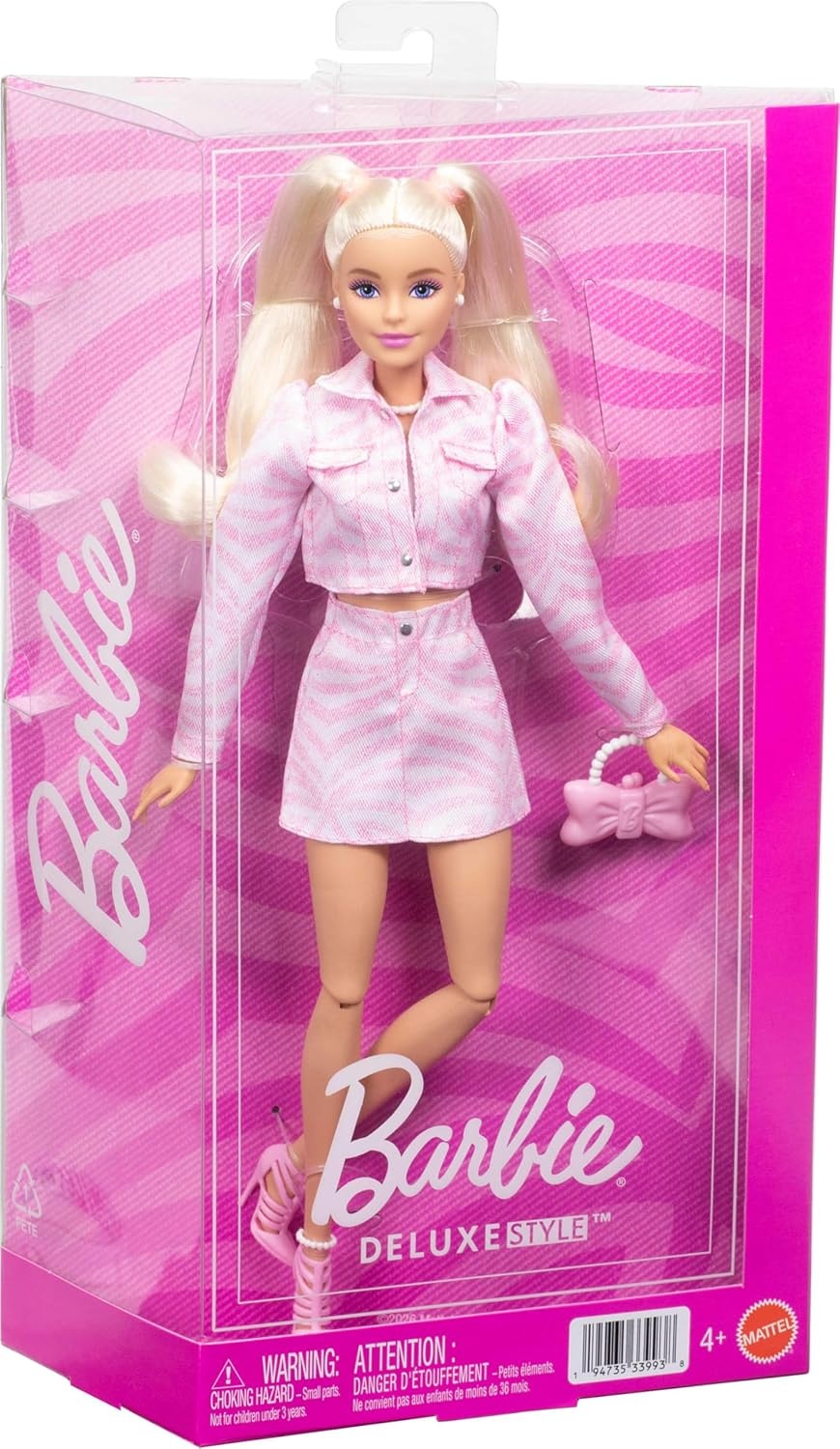imageBarbie Deluxe Style Doll 9 in Pink Denim Outfit Blonde Hair Matching Jacket and Skirt Set with Accessories Like Bow Clutch and Pearly Jewelry