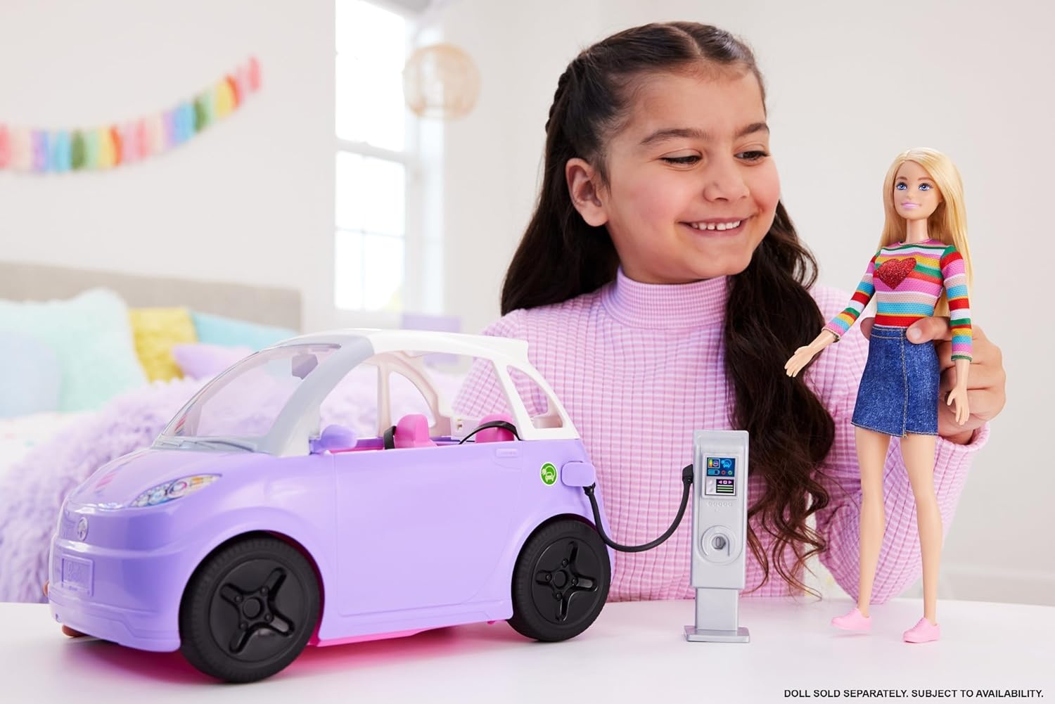 imageBarbie Doll Accessories Toy Car Electric Vehicle with Charging Station Plug amp Sunroof Purple 2Seater Transforms into Convertible