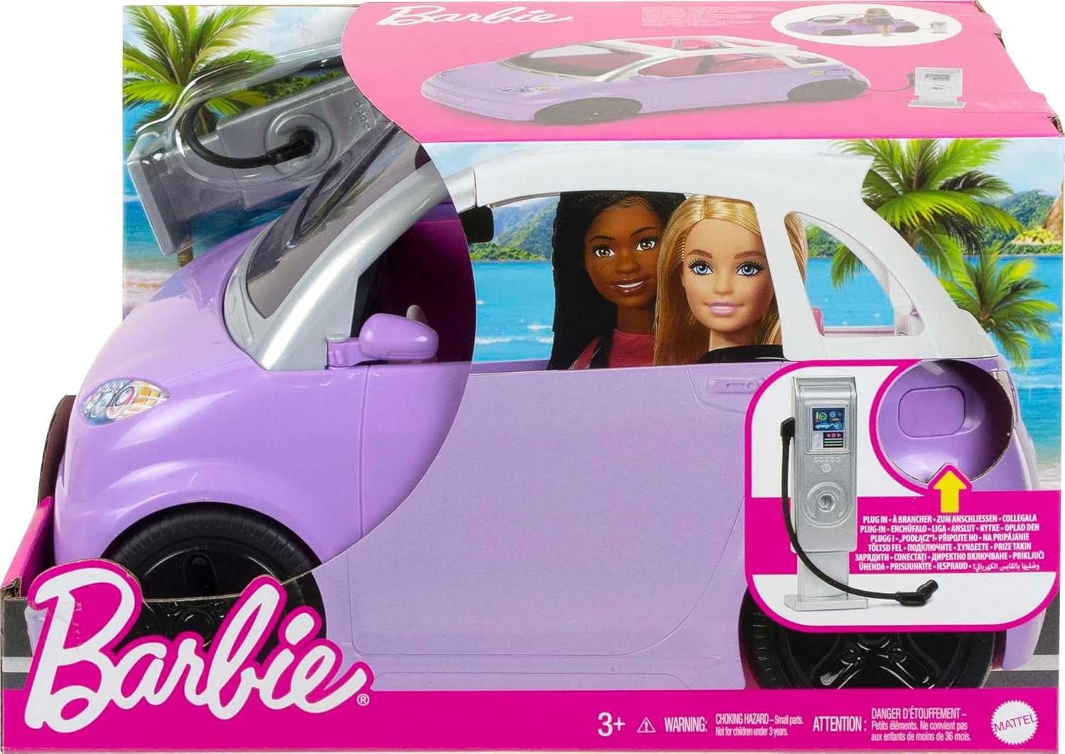 imageBarbie Doll Accessories Toy Car Electric Vehicle with Charging Station Plug amp Sunroof Purple 2Seater Transforms into Convertible
