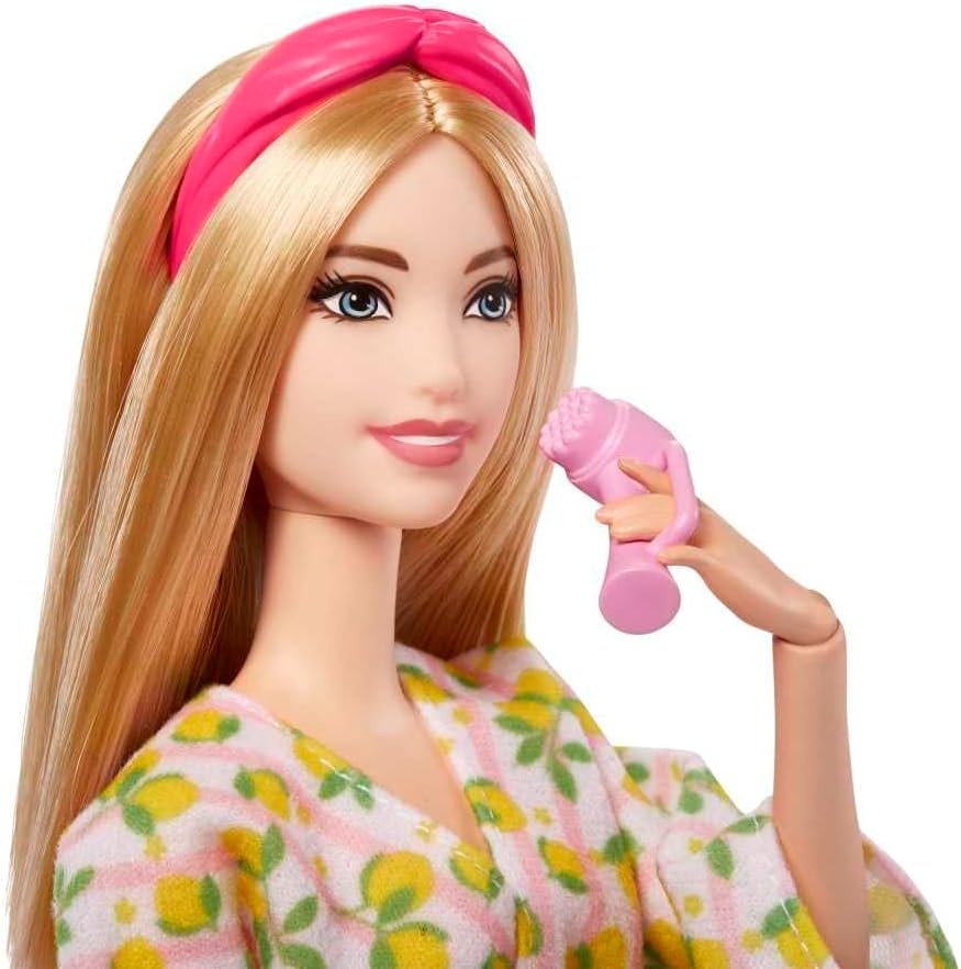 imageBarbie Doll Kids Toys Blonde Doll with Pet Puppy Barbie Sets Spa Day Lemon Print Bathrobe Headband and Eye Mask SelfCare Series