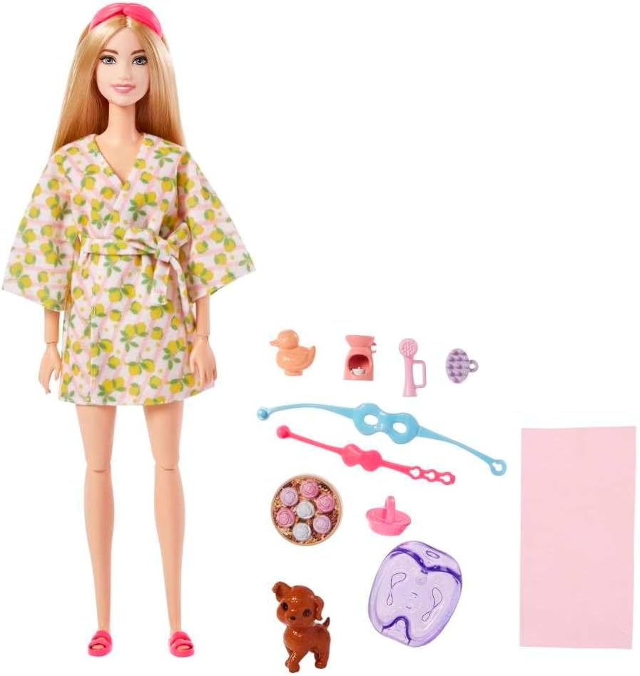 imageBarbie Doll Kids Toys Blonde Doll with Pet Puppy Barbie Sets Spa Day Lemon Print Bathrobe Headband and Eye Mask SelfCare Series