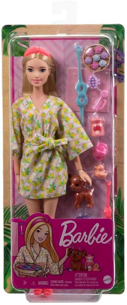 imageBarbie Doll Kids Toys Blonde Doll with Pet Puppy Barbie Sets Spa Day Lemon Print Bathrobe Headband and Eye Mask SelfCare Series