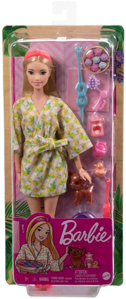 imageBarbie Doll Kids Toys Blonde Doll with Pet Puppy Barbie Sets Spa Day Lemon Print Bathrobe Headband and Eye Mask SelfCare Series