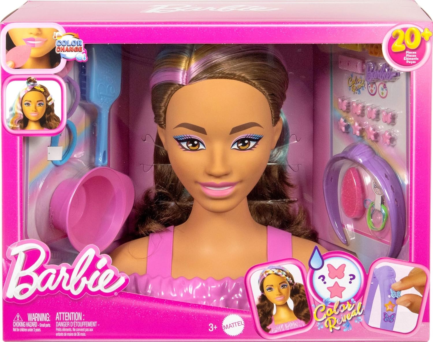 imageBarbie Doll Styling Head Dark Brown Hair with 20 Hair Styling Accessories Including Star amp Butterfly Color Change Hair Clips