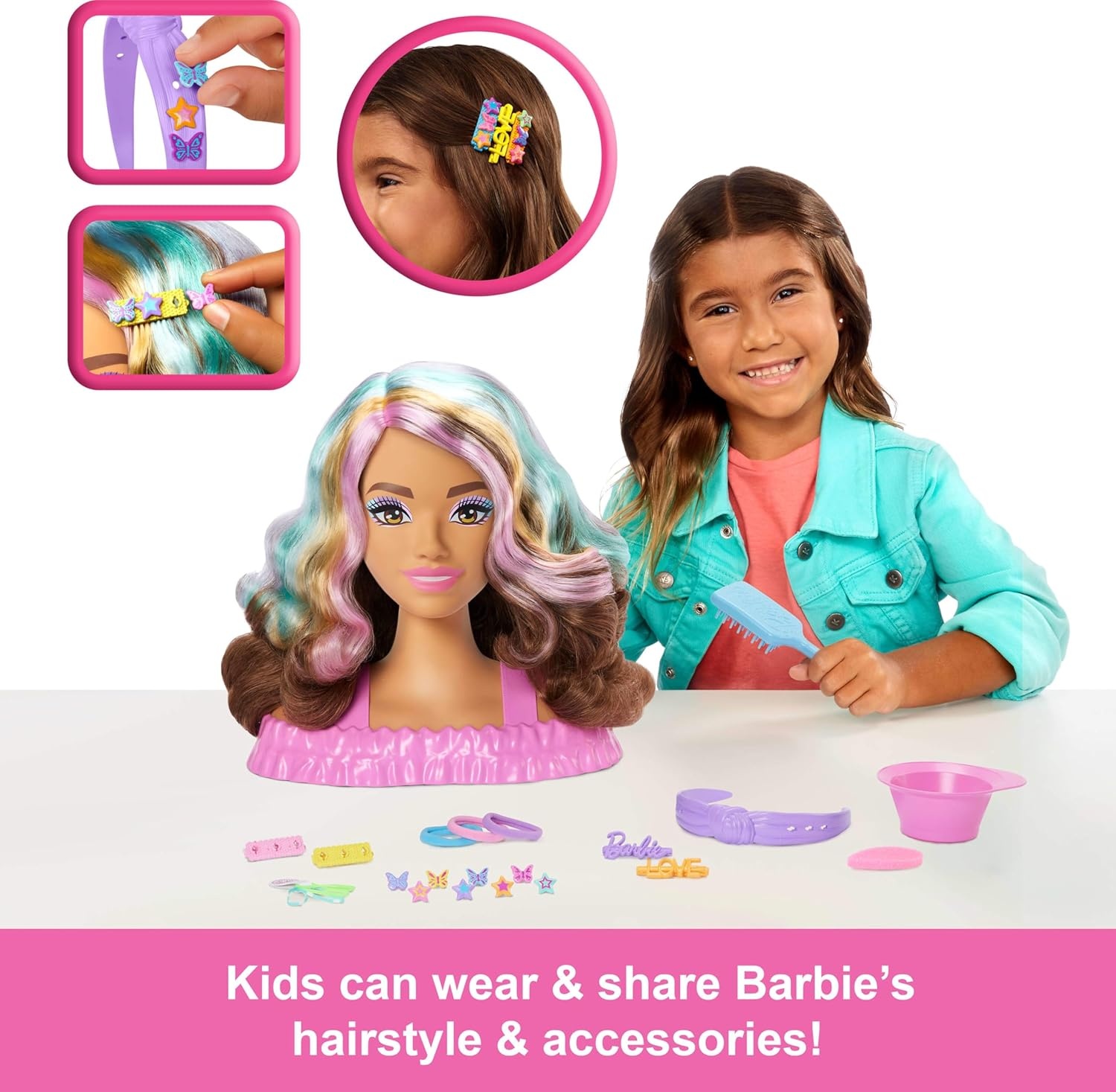 imageBarbie Doll Styling Head Dark Brown Hair with 20 Hair Styling Accessories Including Star amp Butterfly Color Change Hair Clips