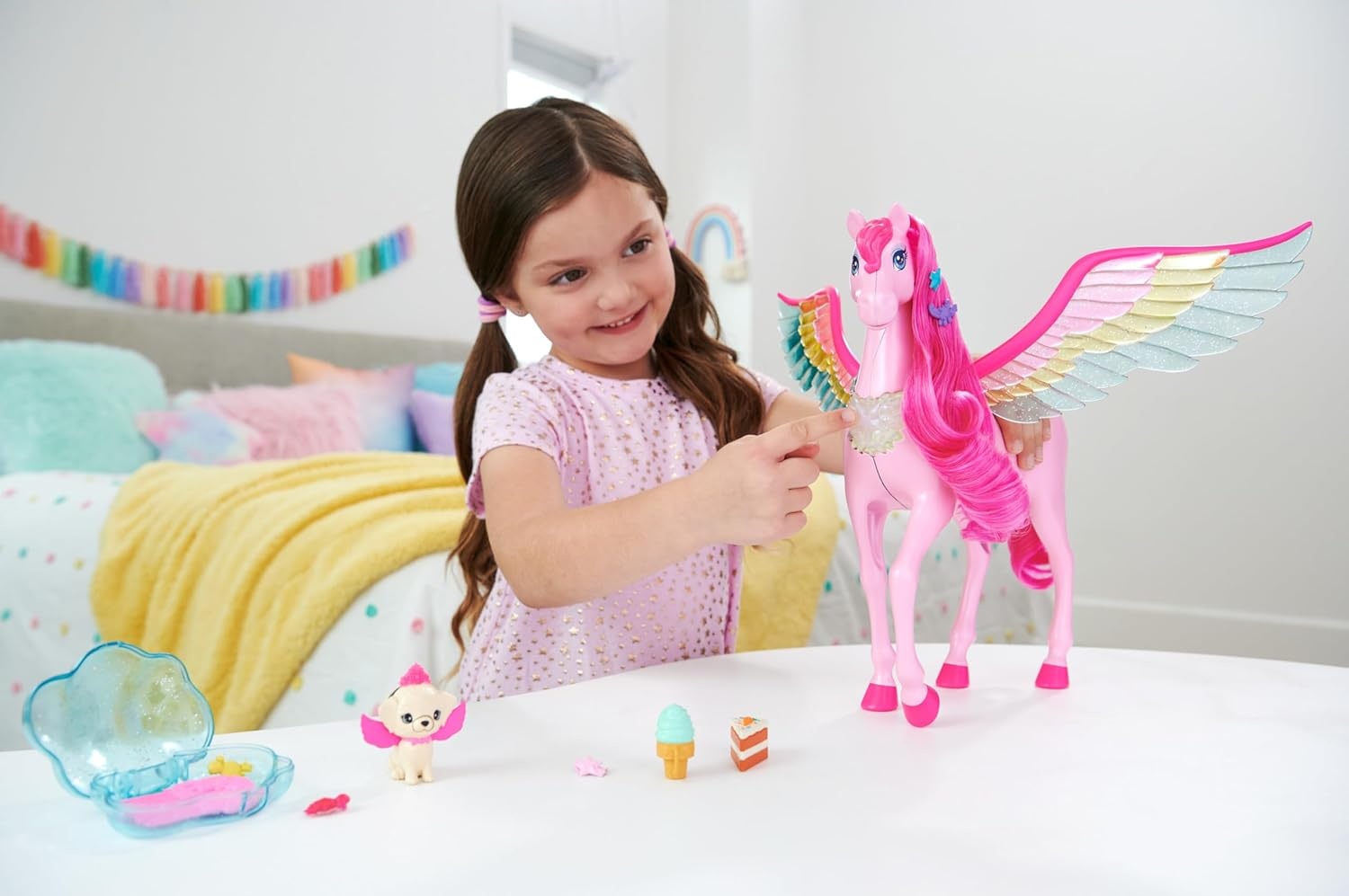 imageBarbie Doll Toys Pegasus Pink Winged Horse Toy with 10 Accessories Including Puppy amp Barrettes Inspired A Touch of Magic