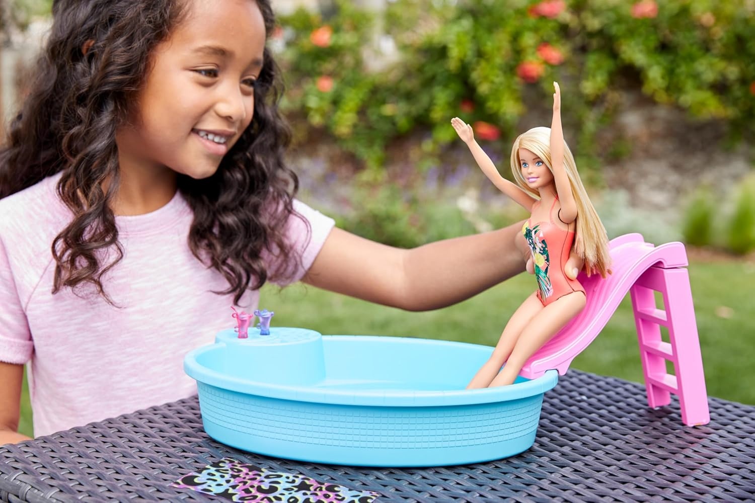 imageBarbie Doll amp Pool Playset with Pink Slide Beverage Accessories amp Towel Blonde Fashion Doll in Tropical SwimsuitMulticolor