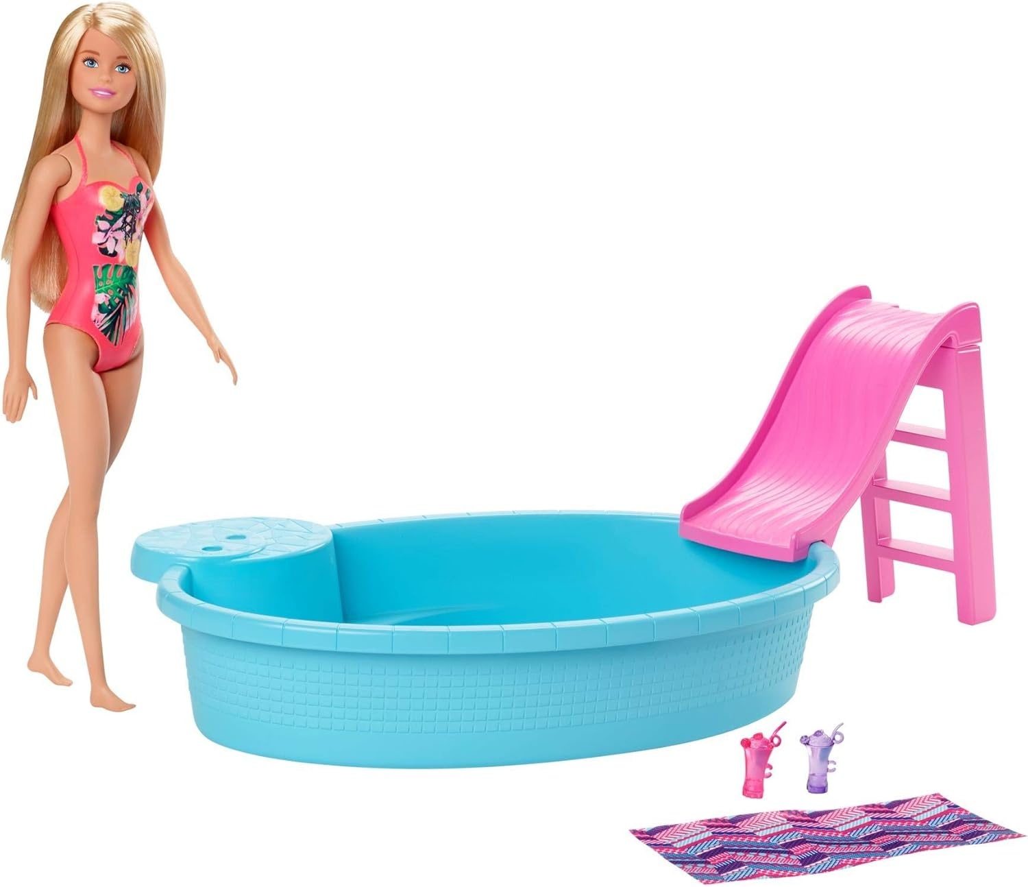 imageBarbie Doll amp Pool Playset with Pink Slide Beverage Accessories amp Towel Blonde Fashion Doll in Tropical SwimsuitMulticolor