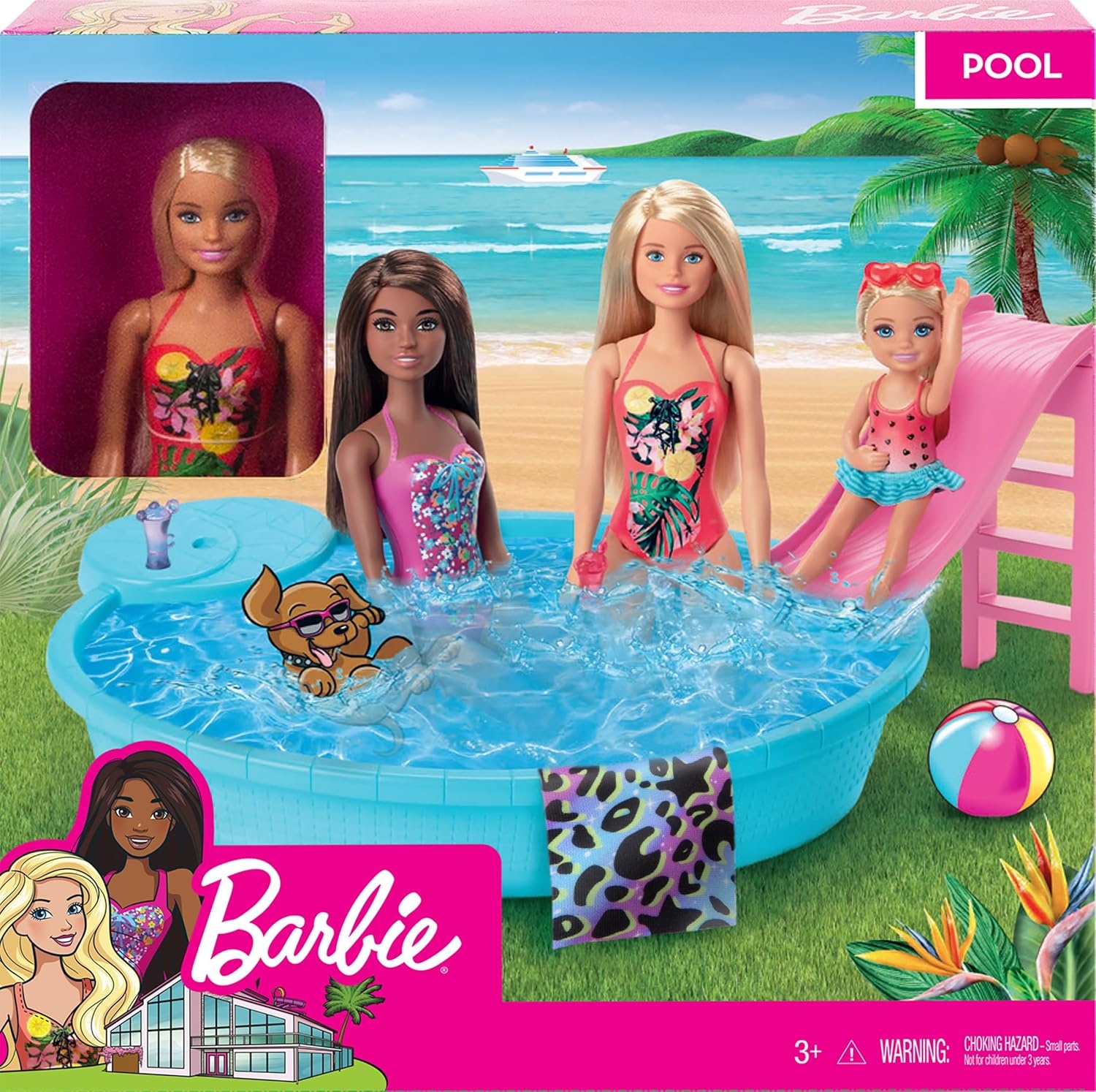 imageBarbie Doll amp Pool Playset with Pink Slide Beverage Accessories amp Towel Blonde Fashion Doll in Tropical SwimsuitMulticolor