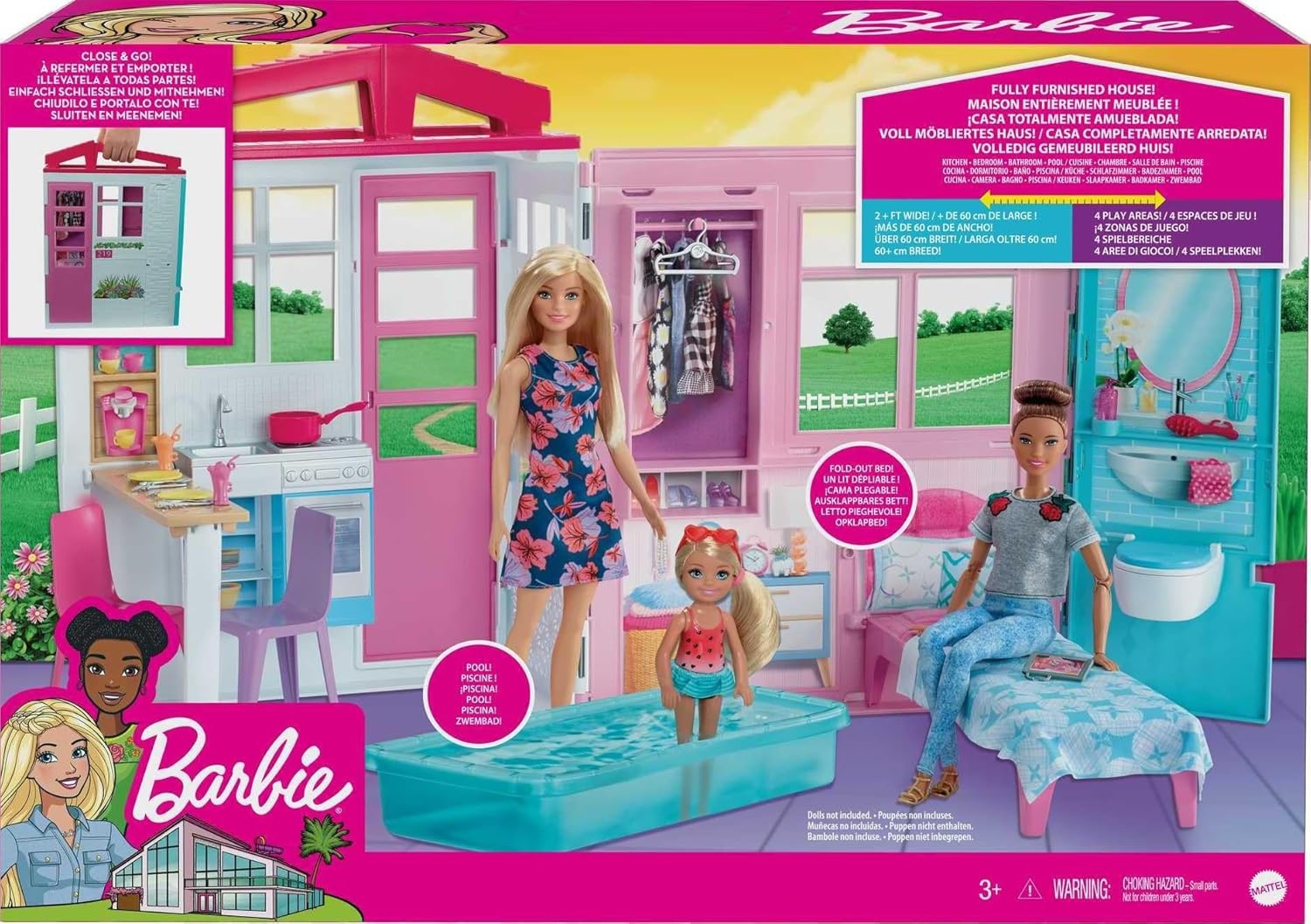 imageBarbie Dollhouse Portable 1Story Playset with Pool and Accessories for 3 to 7 Year Olds