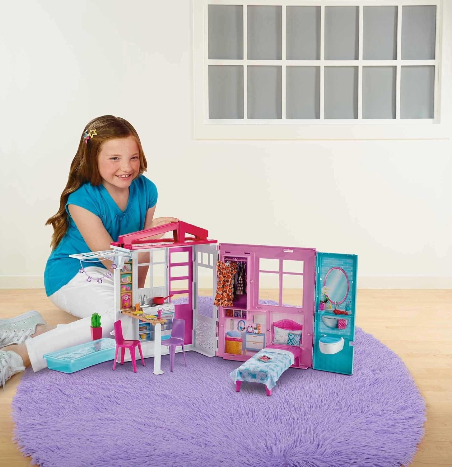 imageBarbie Dollhouse Portable 1Story Playset with Pool and Accessories for 3 to 7 Year Olds