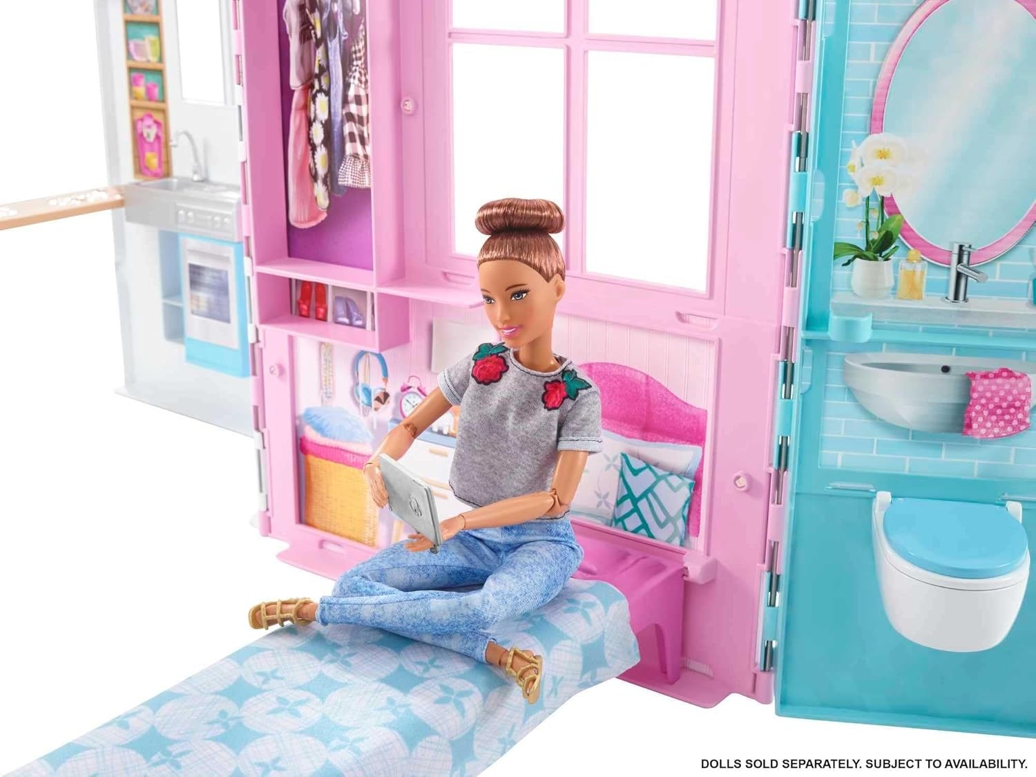 imageBarbie Dollhouse Portable 1Story Playset with Pool and Accessories for 3 to 7 Year Olds