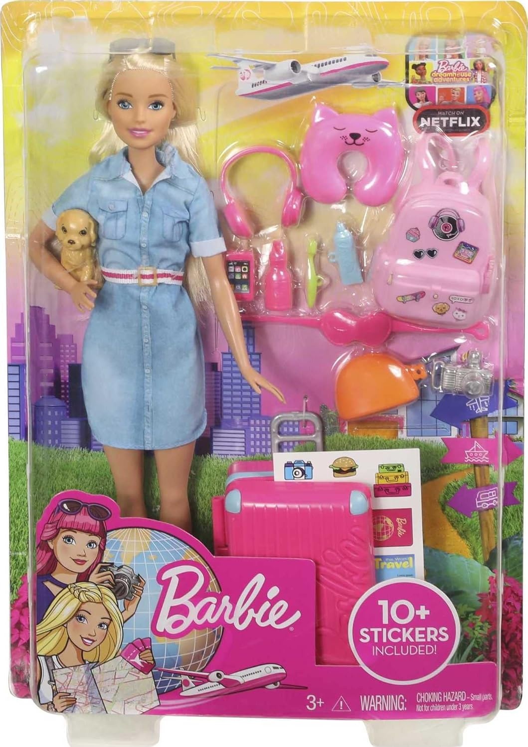 imageBarbie Dreamhouse Adventures Doll amp Accessories Travel Set with Blonde Fashion Doll Puppy amp 10 Pieces Suitcase Opens amp ClosesMulticolor