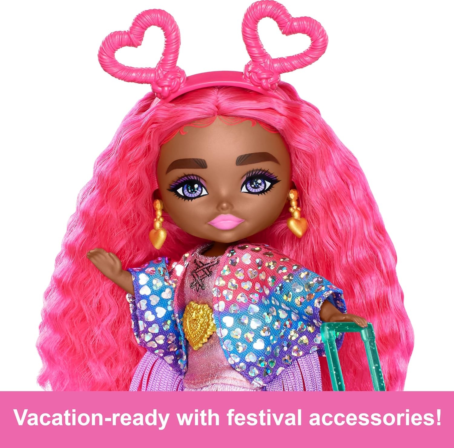 imageBarbie Extra Fly Minis Travel Doll Desert Festival Look with Magenta Hair in Fringe Jacket Dress amp Accessories 55inchDesert