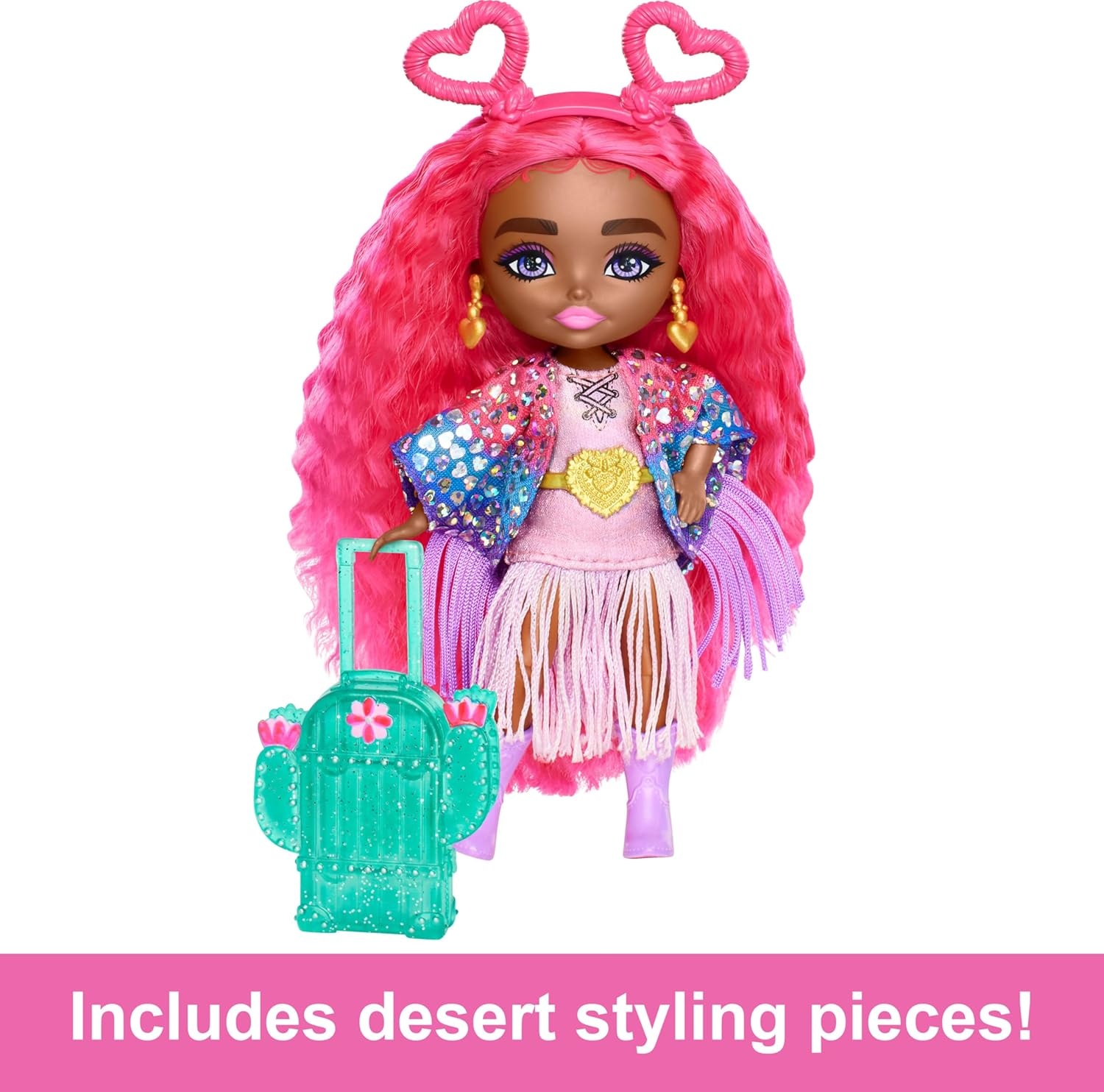imageBarbie Extra Fly Minis Travel Doll Desert Festival Look with Magenta Hair in Fringe Jacket Dress amp Accessories 55inchDesert